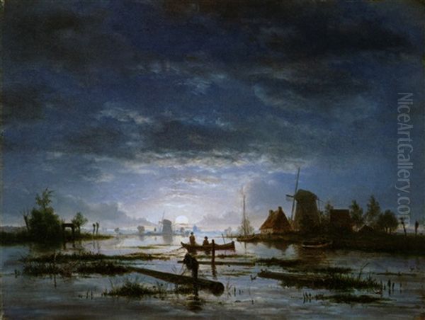 Flusslandschaft Bei Mondschein Mit Fischern Oil Painting by Jacobus Theodorus Abels