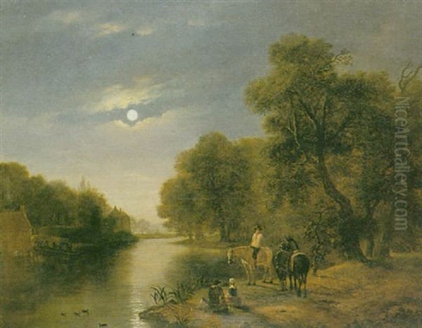 Figures By A Moonlit River Oil Painting by Jacobus Theodorus Abels