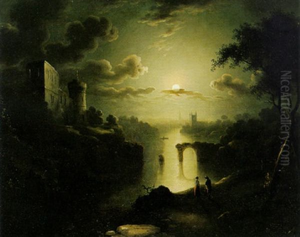 A Rhenish Landscape At Full Moon Oil Painting by Jacobus Theodorus Abels