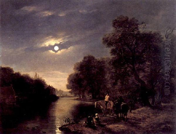 Figures By A Moonlit River Oil Painting by Jacobus Theodorus Abels