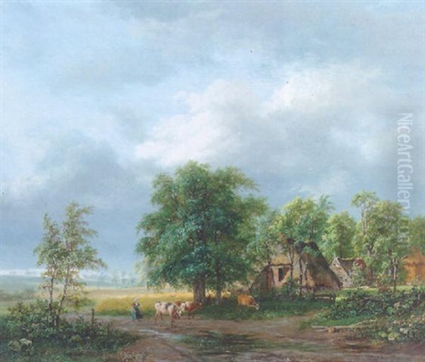 A Wooded Landscape With A Peasantwoman Driving Cows On A Country-road Along A Farmhouse Oil Painting by Jacobus Theodorus Abels