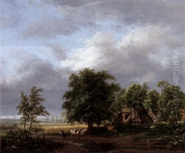 Wooded Landscape With A Peasantwoman Driving Cows On A Country Road Along A Farmhouse Oil Painting by Jacobus Theodorus Abels