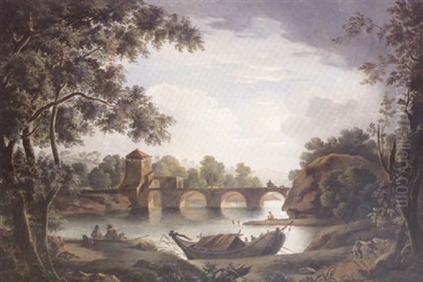 Fishing Before A Bridge In A Moonlit River Landscape Oil Painting by Jacobus Theodorus Abels