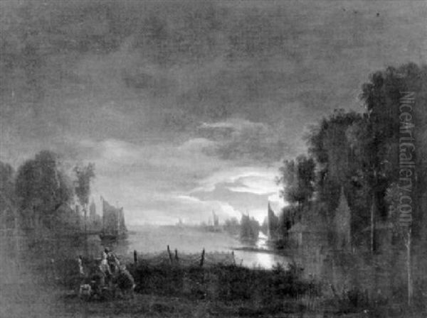 Riviergezicht Bij Maanlicht Oil Painting by Jacobus Theodorus Abels