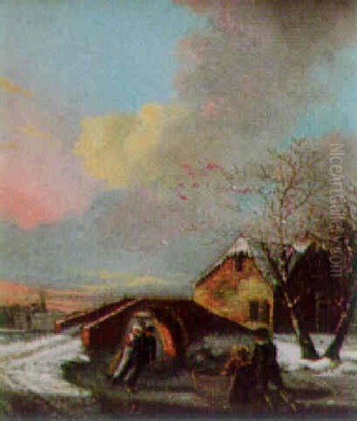 Skating At Sunset Oil Painting by Jacobus Theodorus Abels