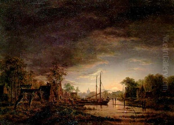 River Landscape With Moored Barges Oil Painting by Jacobus Theodorus Abels