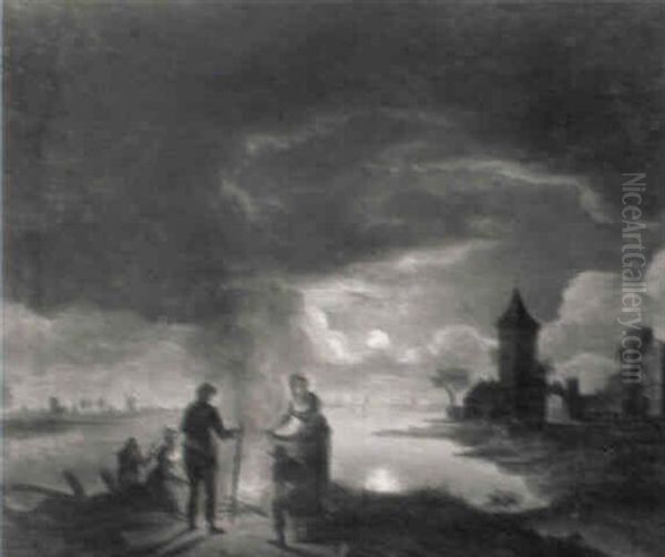 Hollandische Fluslandschaft Bei Mondlicht Oil Painting by Jacobus Theodorus Abels