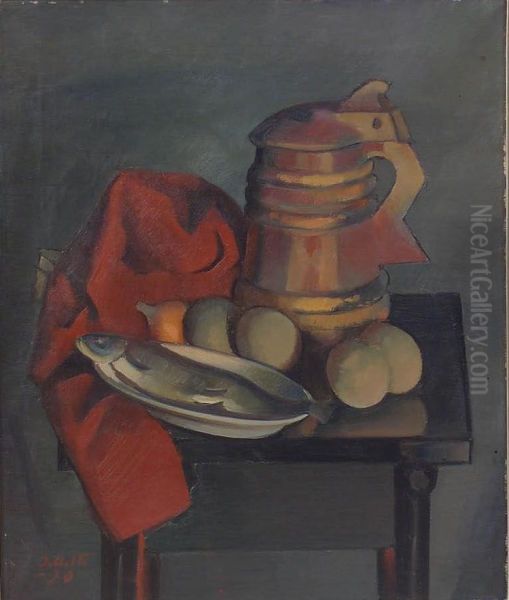 Kala-asetelma - Stilleben Med Fisk. Oil Painting by Ilmari Aalto