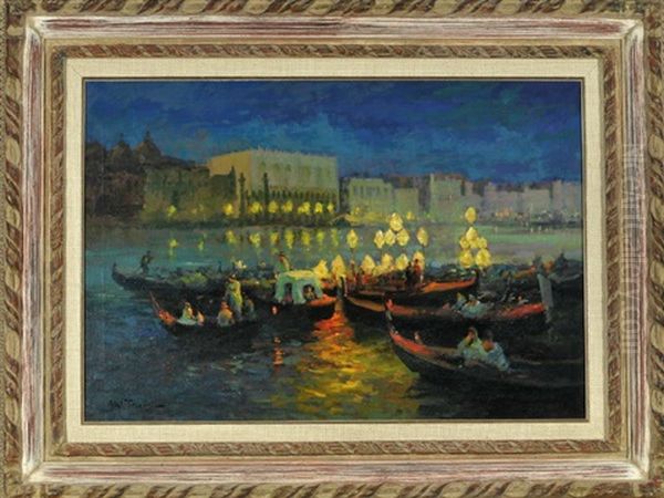 Venedig Bei Nacht Mit Beleuchteten Gondeln Und Dogenpalast Im Hintergrund Oil Painting by Louis Abel-Truchet