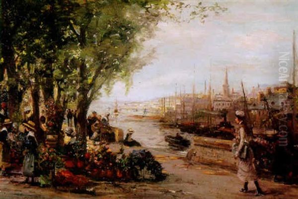 A Busy French Market Scene By A River With A Young Lady In The Foreground Oil Painting by Louis Abel-Truchet