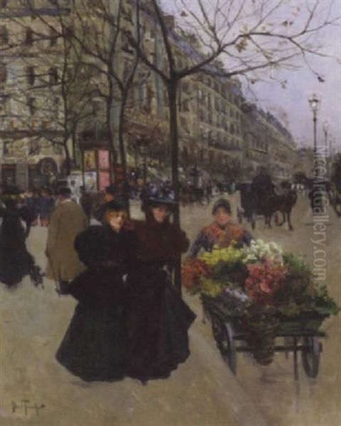 Parisian Street Scene With Elegant Woman And Flower Seller Oil Painting by Louis Abel-Truchet