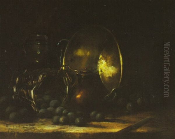 Still Life Of Plums, Copper And Brass Cookware, Jug, And A Knife Oil Painting by Louis Abel-Truchet