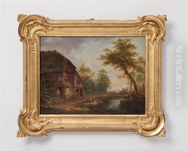 Strohbedecktes Bauernhaus Mit Ententeich Und Figurenstaffage (+ Strohbedecktes Bauernhaus Mit Figurenstaffage Und Blick Auf Die Aare; Pair) Oil Painting by Johann Ludwig Aberli