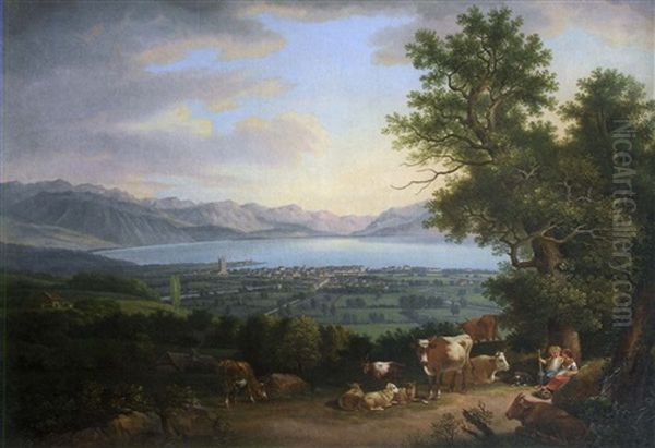 Vachers Pres D'un Lac Suisse (vevey?) Oil Painting by Johann Ludwig Aberli