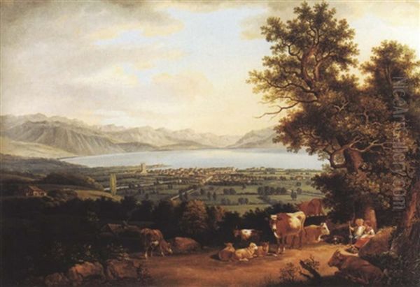 Couple De Bergers Et Son Troupeau Se Reposant Dans La Campagne Non Loin De La Ville De Vevey Sur Le Lac Leman Oil Painting by Johann Ludwig Aberli