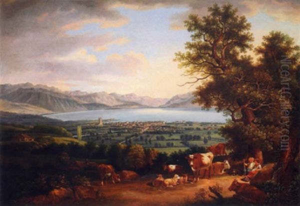 Le Lac Leman, Vue De Vevey Oil Painting by Johann Ludwig Aberli