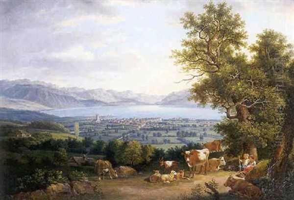 Vue De Lac Leman Et De La Ville De Vevey Avec Couple De Bergers Et Troupeau Au Premier Plan Oil Painting by Johann Ludwig Aberli