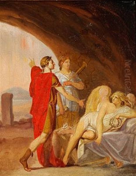 Bistaet Af Klio Vaekker Arveprins Frederik Den Sovende Fama (with The Help Of Clio The Heir Presumptive Frederik Awakens The Sleeping Fama) Oil Painting by Nicolaj-Abraham Abilgaard