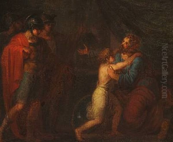 Two Roman Warriors Watching A Seated Man Embracing A Child Oil Painting by Nicolaj-Abraham Abilgaard