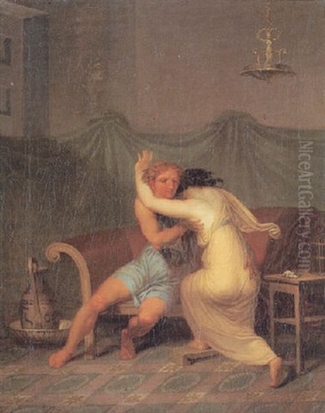 Digteren Catul Med Lesbia, Der Soger Trost For Sin Fugls Dod Oil Painting by Nicolaj-Abraham Abilgaard