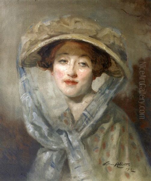 L'elegante Au Chapeau Et Au Ruban Bleu Oil Painting by William Ablett