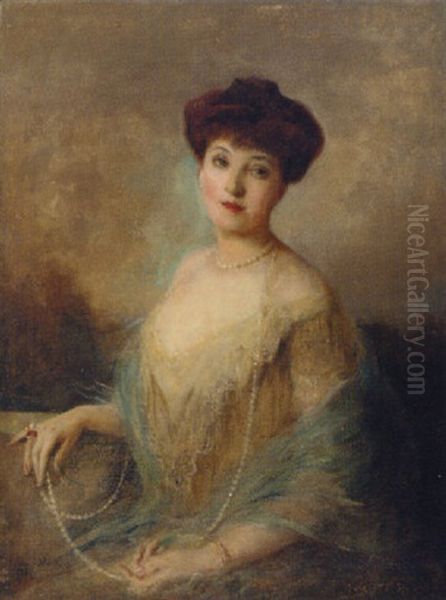 Portrait Of A Lady Wearing A Pearl Necklace Oil Painting by William Ablett