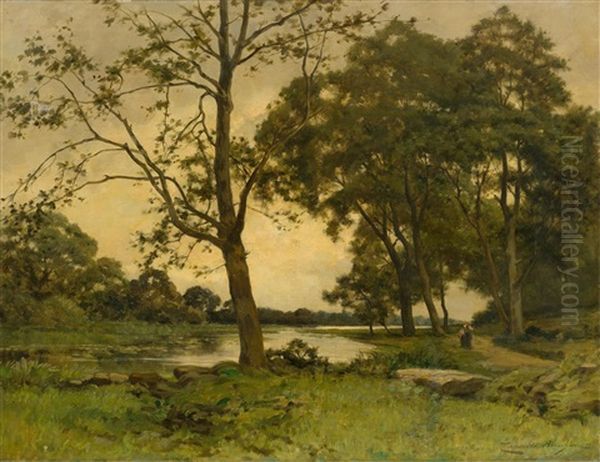 A River Landscape Oil Painting by Tancrede Abraham