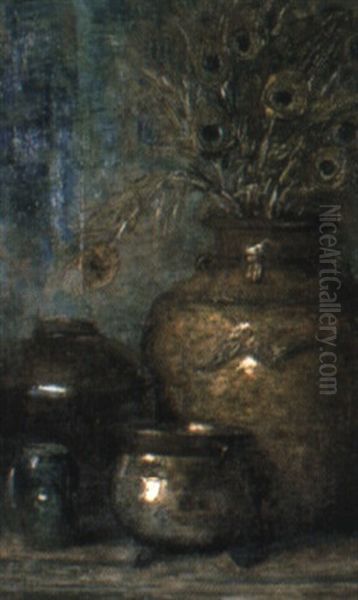 Peacock Feathers In A Ceramic Urn Oil Painting by Anna Adelaide Abrahams