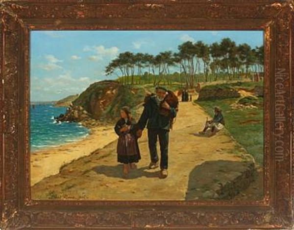 Coastal Scenery From Bretagne, With Fisherman And His Daughter Oil Painting by Paul Abram