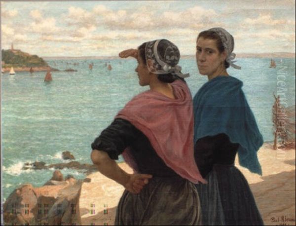 Deux Jeunes Femmes De Dournenez Devant L'ile Tristan Oil Painting by Paul Abram