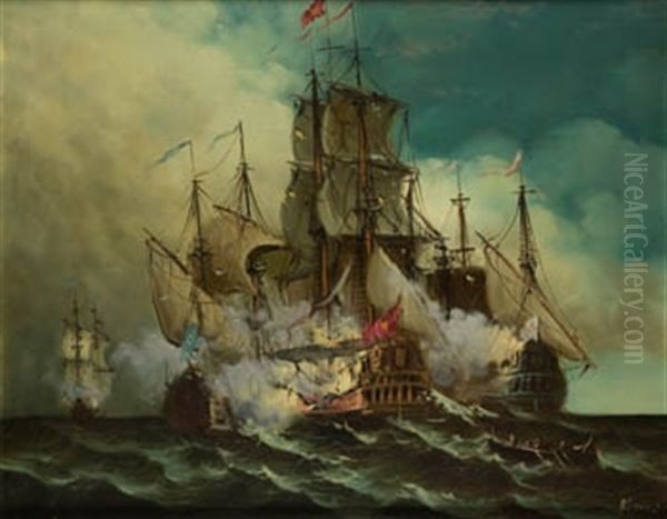 Batalla Naval Oil Painting by Salvador Abril y Blasco