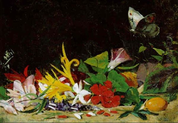 Blumenstilleben Mit Schmetterling Oil Painting by Salvador Abril y Blasco