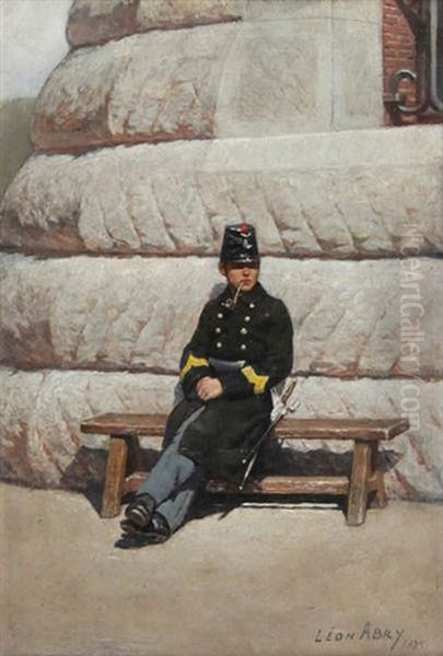 Soldat Se Reposant Sur Un Banc Devant La Caserne Oil Painting by Leon Eugene August Abry