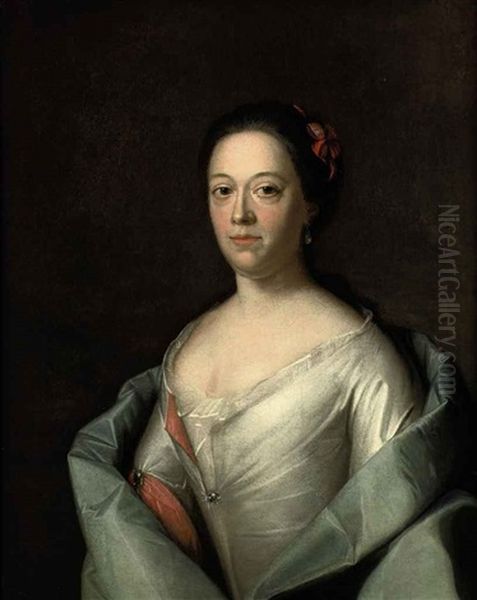 Portrait Of A Lady In A White And Red Dress And A Blue Wrap Oil Painting by Bernardus I Accama