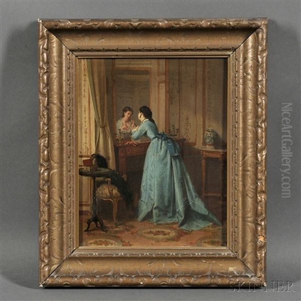 Elegant Woman Gazing In A Mirror Oil Painting by Eugene Accard