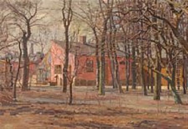 Houses At Laendevangen Oil Painting by Georg Nicolaj Achen