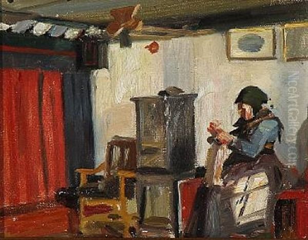 Interior With A Old Woman Knitting At The Stove Oil Painting by Georg Nicolaj Achen