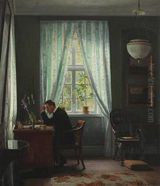 Interior With The Artist's Father, Pharmacist Eggert Christopher Achen Sitting By His Desk Oil Painting by Georg Nicolaj Achen