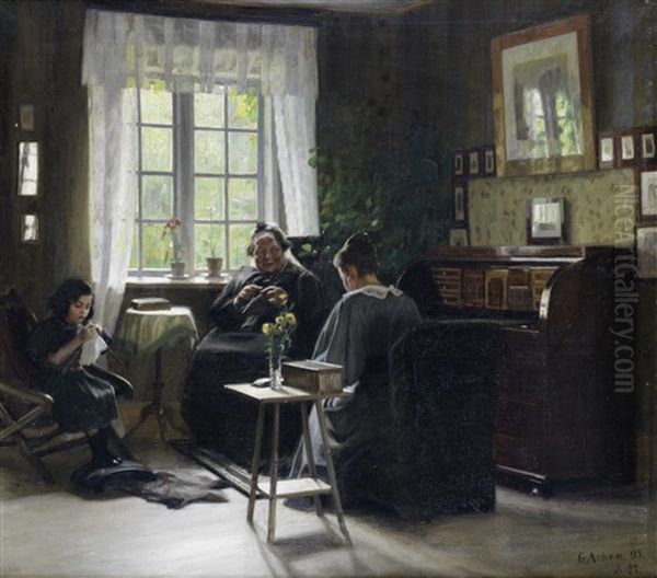 Mother, Daughter And Granddaughter Knitting Oil Painting by Georg Nicolaj Achen