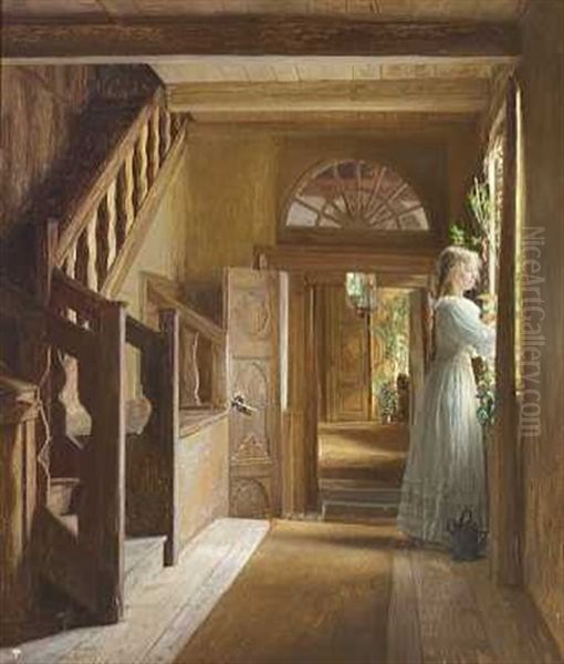 Interior. Interior Fra Buderupholm Med Ung Kvinde I En Hvid Kjole Ved Et Vindue Oil Painting by Georg Nicolaj Achen