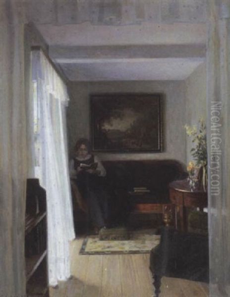 Lesende Junge Frau In Sommerlichem Interieur Oil Painting by Georg Nicolaj Achen