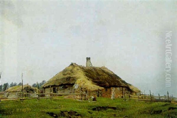 Landskab Med Strataekt Bondehus Og Personer Oil Painting by Georg Nicolaj Achen