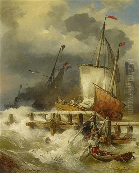 Sturmflut An Der Mole Oil Painting by Andreas Achenbach