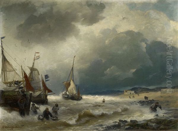 Beach Scene With Sailing Ships Oil Painting by Andreas Achenbach