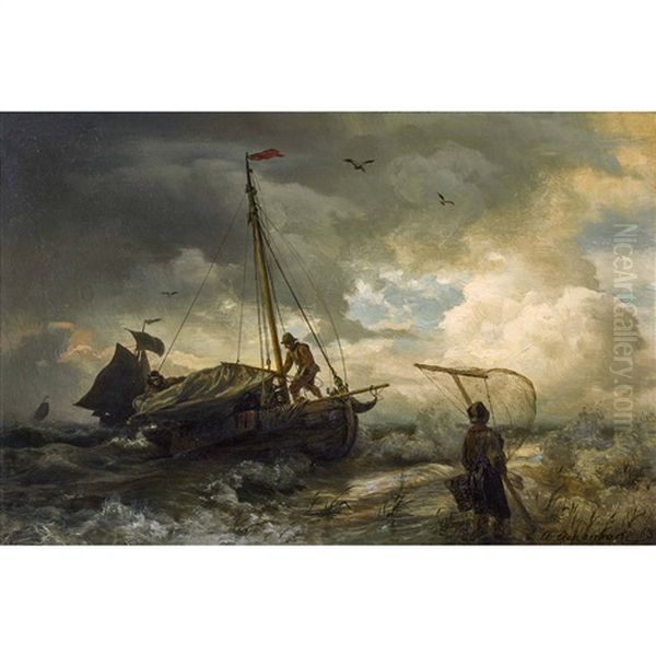 Fischerboot Am Sturmischen Strand Oil Painting by Andreas Achenbach