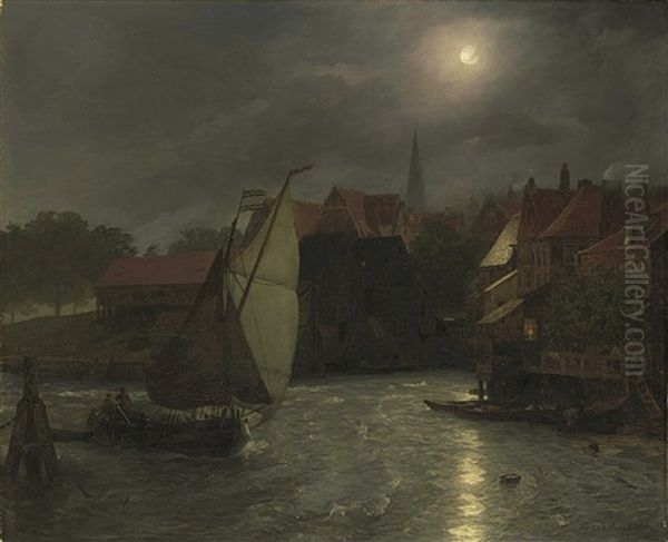 Boats On A Canal, Moonlight Oil Painting by Andreas Achenbach