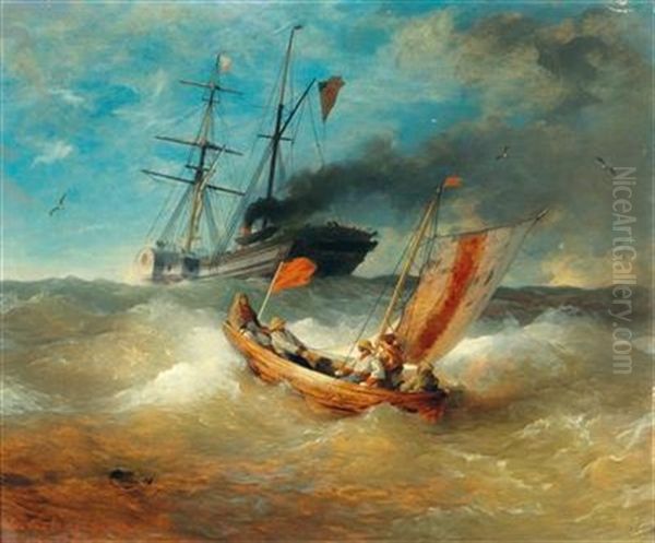 A Fishing Boat At Sea Oil Painting by Andreas Achenbach