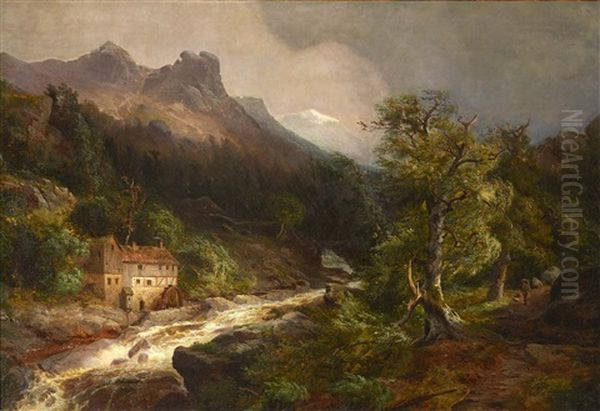 Schweizer Gebirgsmuhle An Tosendem Bach Oil Painting by Andreas Achenbach