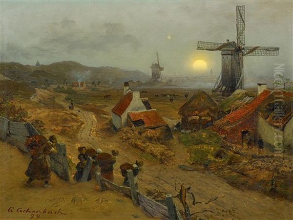 Fischerfrauen Bei Der Heimkehr Ins Dorf by Andreas Achenbach