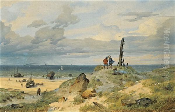 Sonniger Tag An Der Hollandischen Kuste Mit Fischern Am Strand Oil Painting by Andreas Achenbach